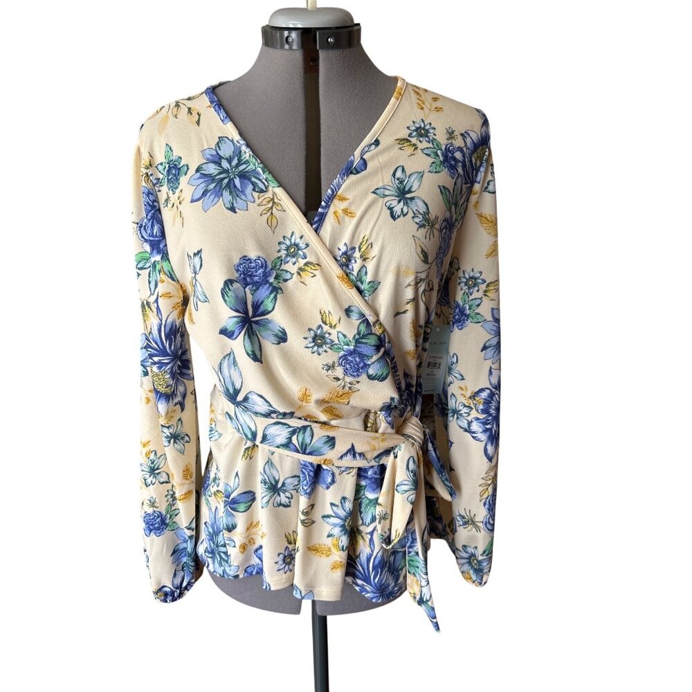 Blue Sol Floral Wrap Long Sleeve Top Soft Stretchy Elegant Feminine Design Med